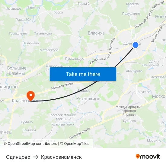 Одинцово to Краснознаменск map