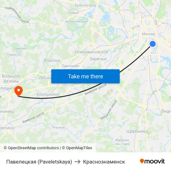 Павелецкая (Paveletskaya) to Краснознаменск map