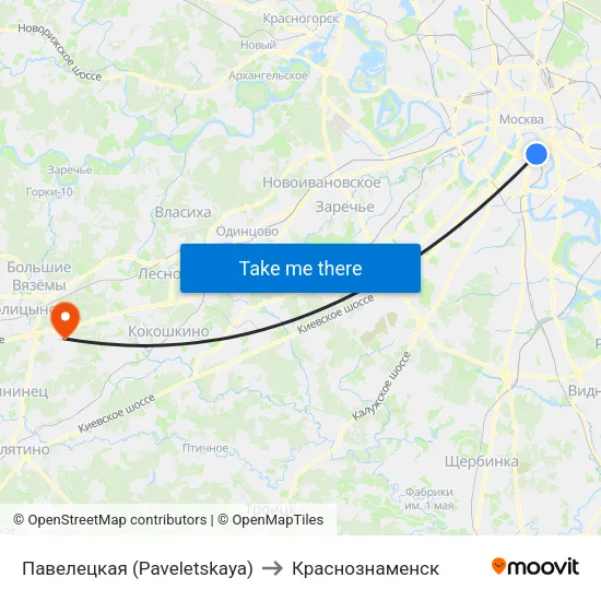 Павелецкая (Paveletskaya) to Краснознаменск map
