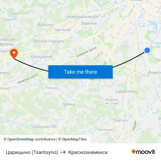 Царицыно (Tsaritsyno) to Краснознаменск map