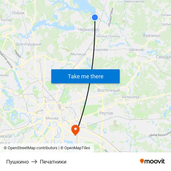 Пушкино to Печатники map