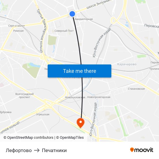 Лефортово to Печатники map