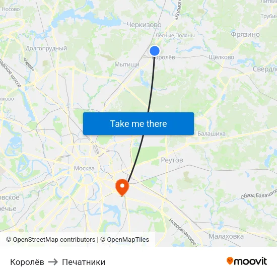 Королёв to Печатники map