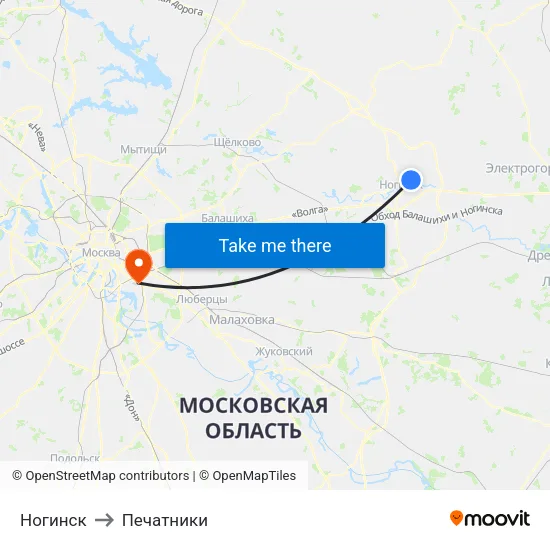 Ногинск to Печатники map