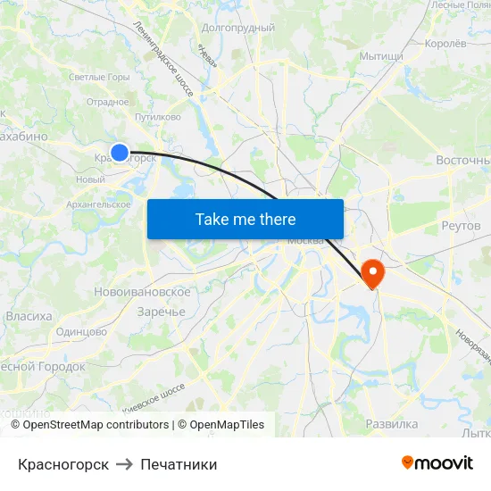 Красногорск to Печатники map