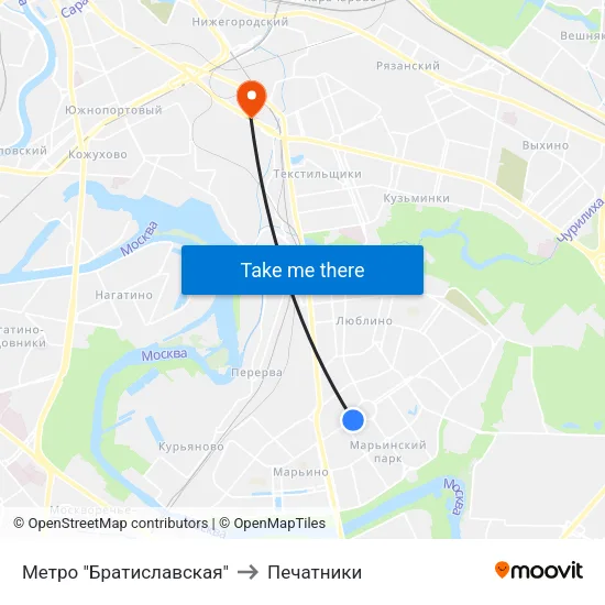 Метро "Братиславская" to Печатники map