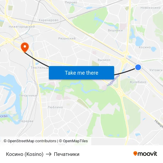 Косино (Kosino) to Печатники map