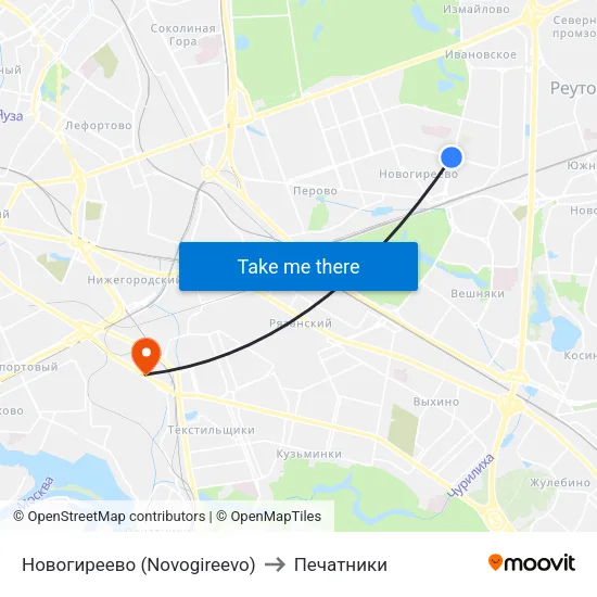 Новогиреево (Novogireevo) to Печатники map