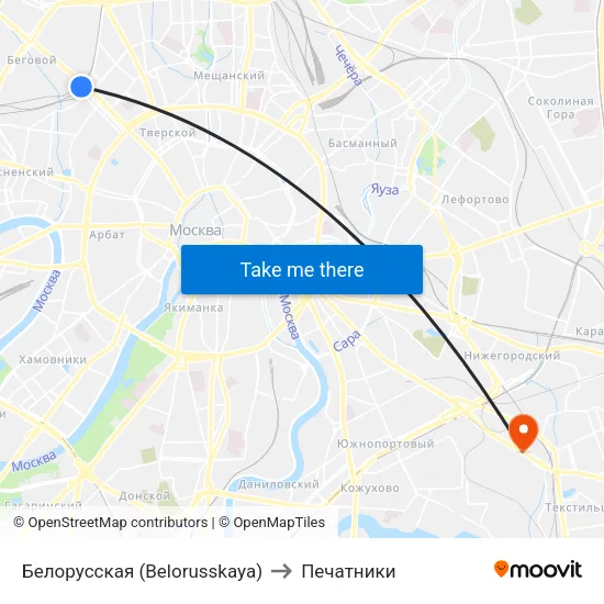 Белорусская (Belorusskaya) to Печатники map