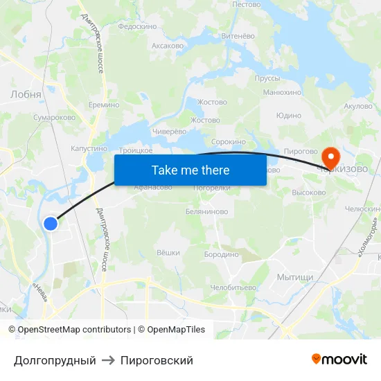 Долгопрудный to Пироговский map