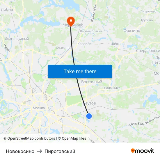 Новокосино to Пироговский map