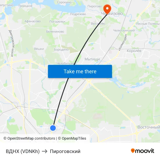 ВДНХ (VDNKh) to Пироговский map
