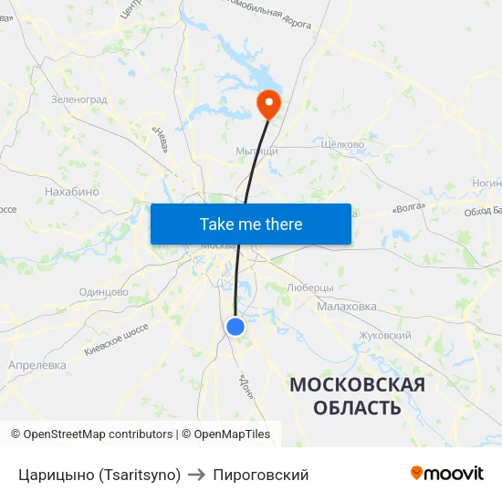 Царицыно (Tsaritsyno) to Пироговский map