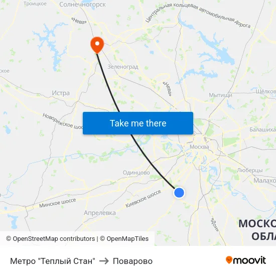 Метро "Теплый Стан" to Поварово map