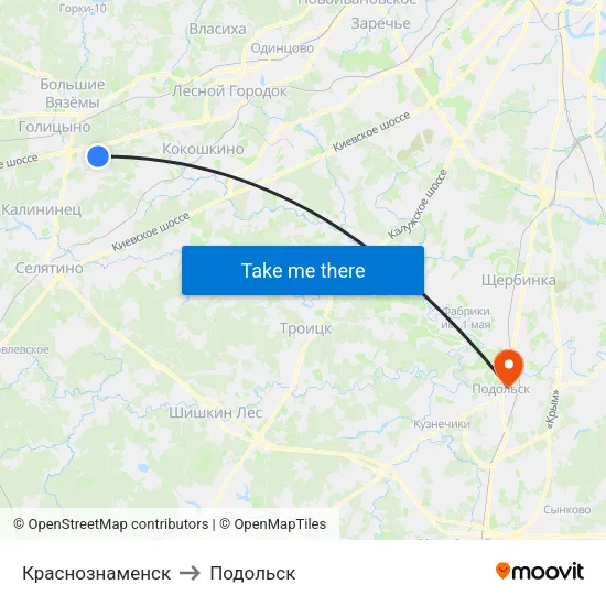Краснознаменск to Подольск map