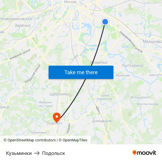 Кузьминки to Подольск map