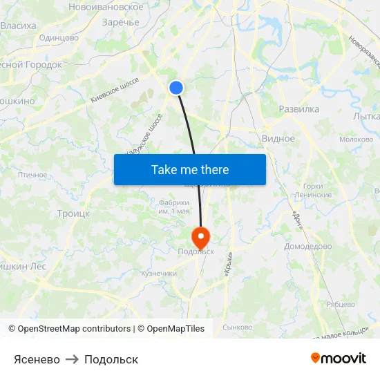 Ясенево to Подольск map