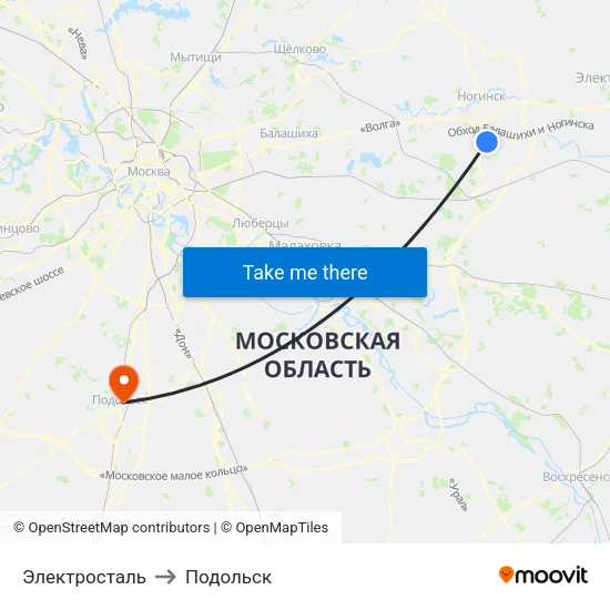Электросталь to Подольск map