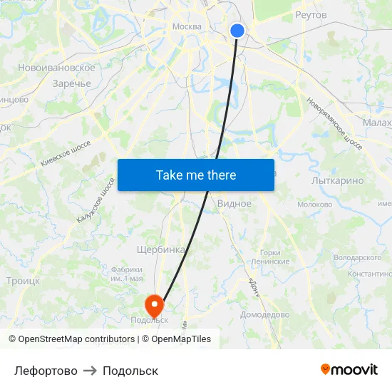 Лефортово to Подольск map