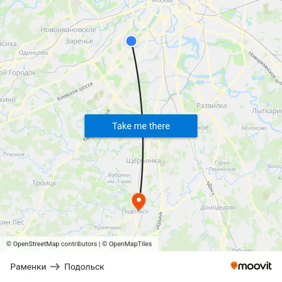 Раменки to Подольск map