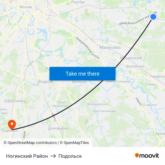 Ногинский Район to Подольск map