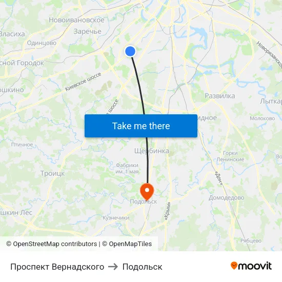 Проспект Вернадского to Подольск map