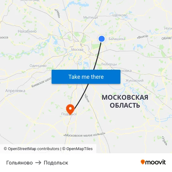 Гольяново to Подольск map