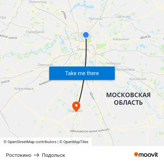Ростокино to Подольск map