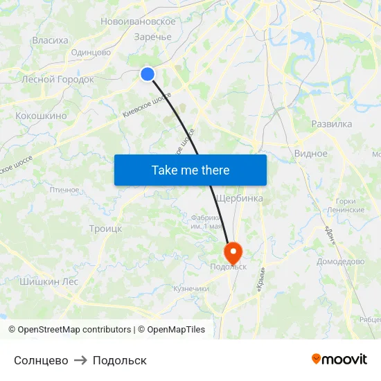 Солнцево to Подольск map