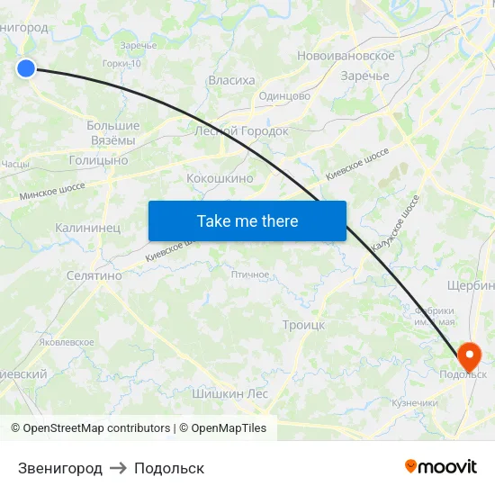 Звенигород to Подольск map