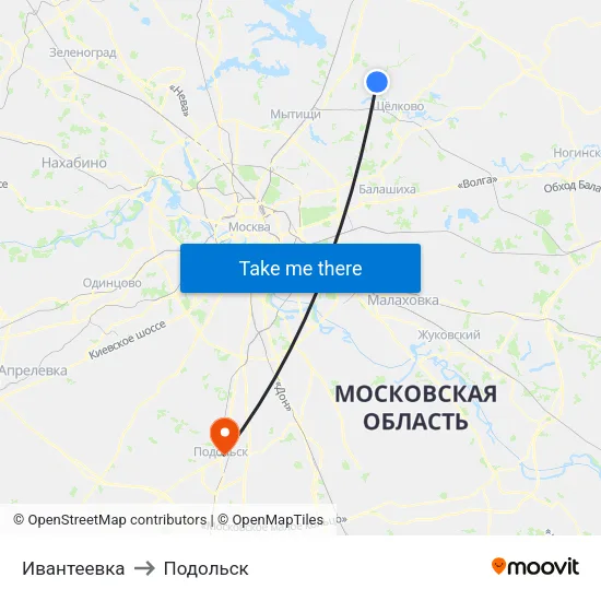 Ивантеевка to Подольск map