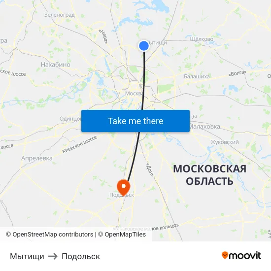 Мытищи to Подольск map