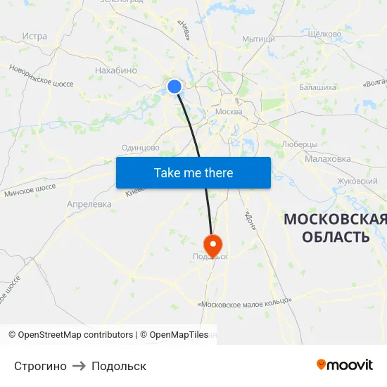 Строгино to Подольск map