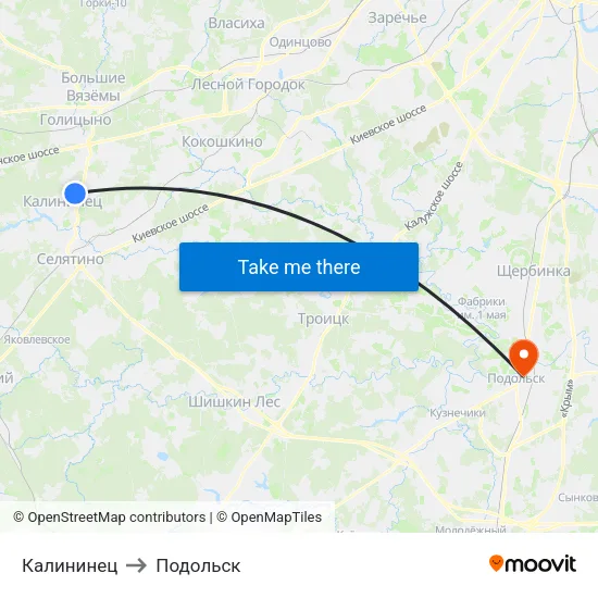 Калининец to Подольск map