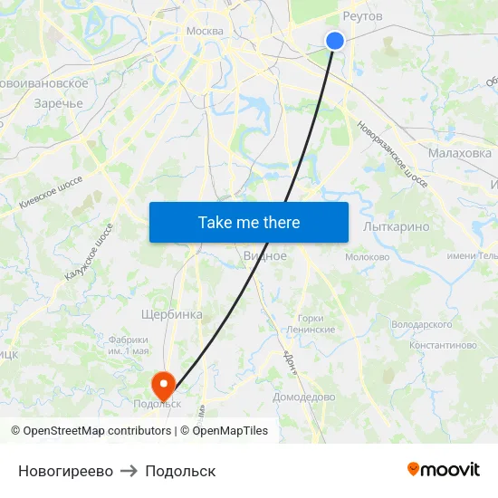 Новогиреево to Подольск map