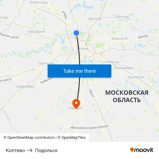 Коптево to Подольск map