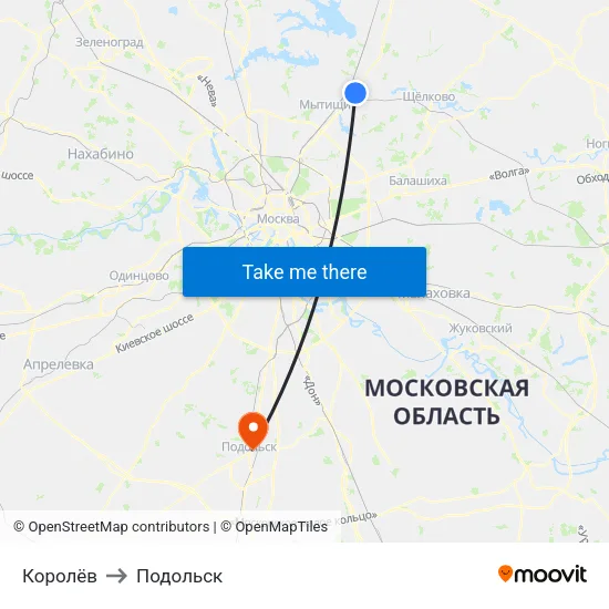 Королёв to Подольск map