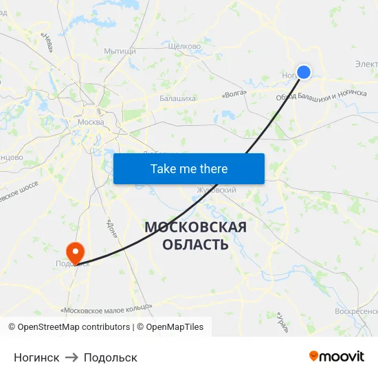 Ногинск to Подольск map