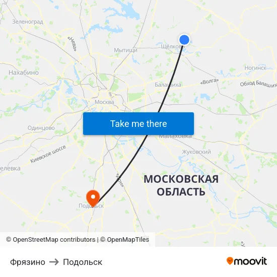 Фрязино to Подольск map