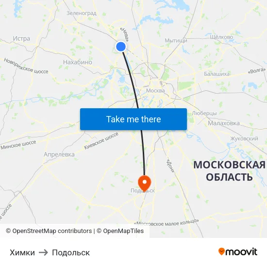Химки to Подольск map