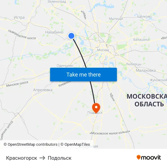 Красногорск to Подольск map