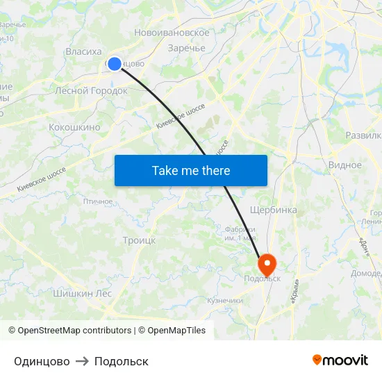 Одинцово to Подольск map