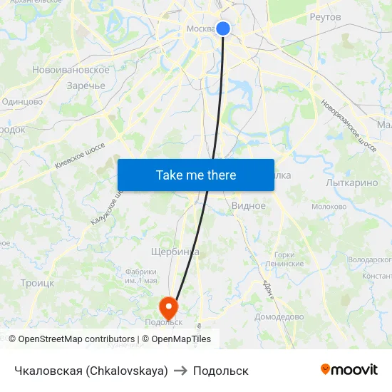 Чкаловская (Chkalovskaya) to Подольск map
