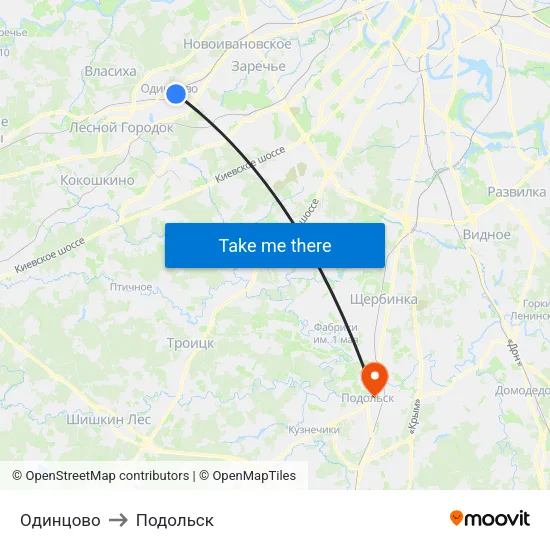 Одинцово to Подольск map