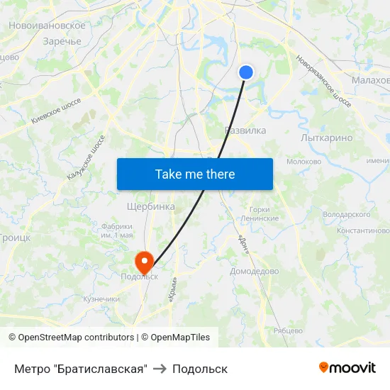 Метро "Братиславская" to Подольск map