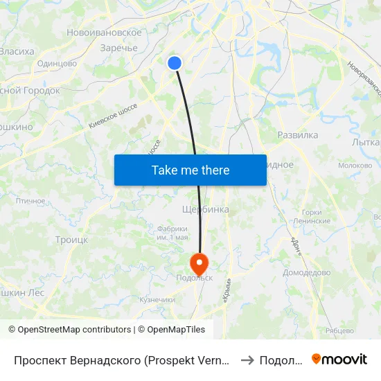 Проспект Вернадского (Prospekt Vernadskogo) to Подольск map