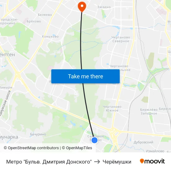 Метро "Бульв. Дмитрия Донского" to Черёмушки map