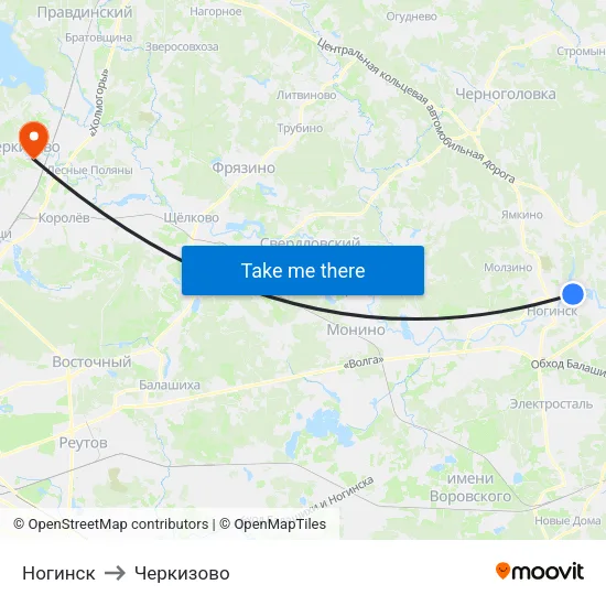 Ногинск to Черкизово map