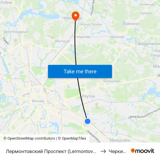 Лермонтовский Проспект (Lermontovsky Prospekt) to Черкизово map