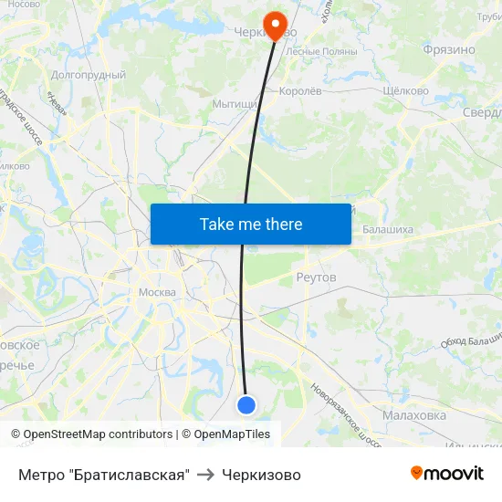Метро "Братиславская" to Черкизово map